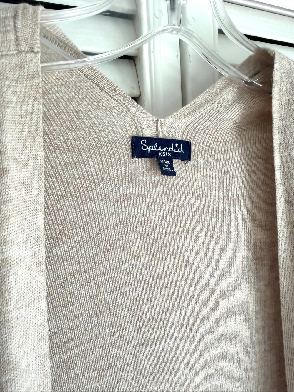 XS🤎 Splendid Cashmere Blend Oatmeal Ribbed Tie Shoulder Open Relaxed Cardigan - Picture 8 of 10